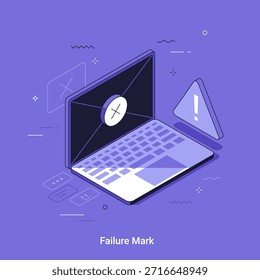 Ilustración de Vector isométrico con computadora portátil con el ícono del sobre del mensaje que muestra una marca de error y una gran señal de advertencia. Concepto de falla de Internet para seguridad digital o problema del sistema.