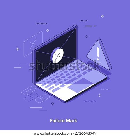Isometric vector ilustration with laptop with message envelope icon showing an error mark and big warning sign. Internet failure concept for digital security or system problem.
