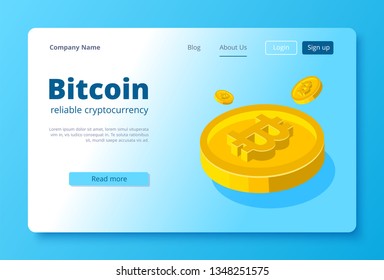 isometric vector image in the form of a landing on a blue background, a business icon of a golden bitcoin coin, the use of cryptocurrency