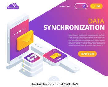 isometric vector image in the form of a landing on a white background, innovative communication technologies and device synchronization, a smartphone next to a smart watch and data server