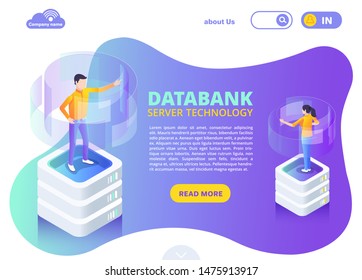 isometric vector image in the form of a landing on a white background, innovative communication technologies and a data bank, a man and a woman are working with a data server