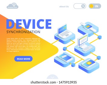 isometric vector image in the form of a landing on a white background, innovative communication technologies and synchronization between digital devices, a smartphone next to a laptop and gadgets
