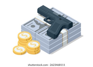 Isometric vector image of a gun on stacks of money and coins, representing crime, robbery, and illegal finance. AML Anti money laundering financial. Illegal money metaphor