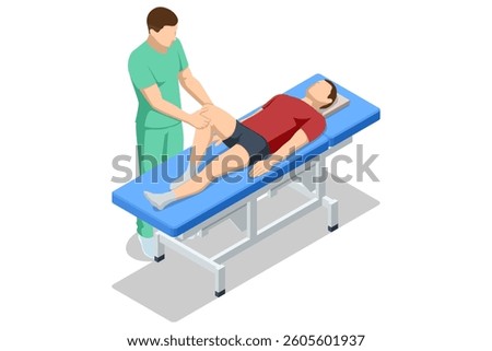 Isometric vector image of a massage therapist providing leg and knee rehabilitation therapy to a male patient lying on a massage table.