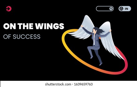 isometric vector image on a black background in the form of a landing, a woman in a business suit with large white wings takes off, inspiration in business