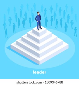 isometric vector image on a blue background, a man in a business suit stands on top of a white pyramid, people silhouettes