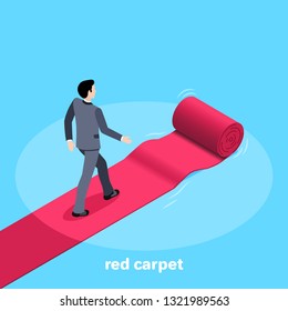 isometric vector image on a blue background, a man in a business suit is on the spinning red carpet, the path to success
