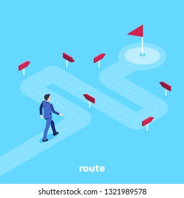 isometric vector image on a blue background, a man in a business suit goes along a winding road to his goal, the way in marketing