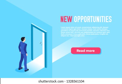 isometric vector image on a blue background, a man in a business suit stands in front of an open door, landing for the site