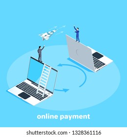 Isometric vector image on a blue background, a man in a business suit stands on a laptop and launches a paper airplane from the bill, payment or transfer money