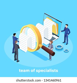 Isometric vector image on a blue background, people in business suits study documents through a magnifying glass, laptop and documentation folder.