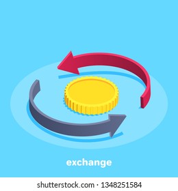 Isometric vector image on a blue background, semicircular arrows around a golden coin, currency exchange, business and financial icon.