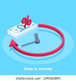 Isometric vector image on a blue background, time and money, stack of money and watches, income with time