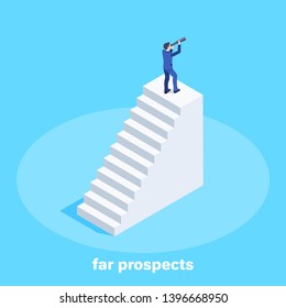 isometric vector image on a blue background, a man in a business suit with a spyglass stands on a high platform with steps, far prospects for business
