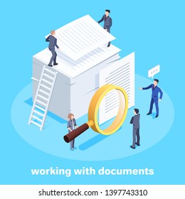 Isometric vector image on a blue background, men in business suits and a woman with a magnifying glass standing next to a stack of documents, studying working documentation and teamwork