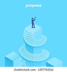 Isometric vector image on a blue background, a man in a business suit with a spyglass is standing on a high column of a chart, forecasting and research