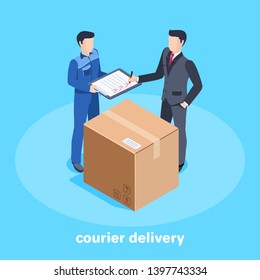 Isometric vector image on a blue background, a man in a business suit receives a parcel from a delivery worker and a box at their feet, a signature when receiving the parcel