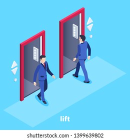 Isometric vector image on a blue Isometric vector image on a blue background, a man in a business suit enters the elevator and another goes, an elevator in the office