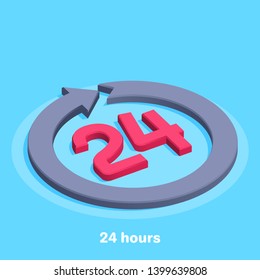 isometric vector image on a blue background, the icon with the arrow and the number 24, around the clock service without stopping