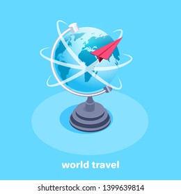 Isometric vector image on a blue background, a large globe icon and a red paper airplane flying around it, tourist destinations for flights.