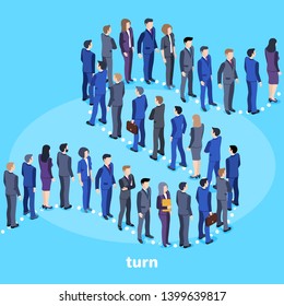 isometric vector image on a blue background, people in business suits are standing in a long line, waiting for work