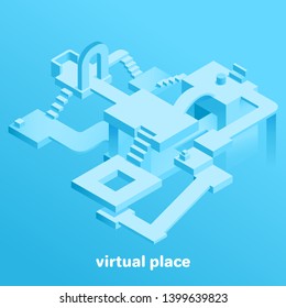 isometric vector image on a blue background, abstract place in the virtual space, the construction of different forms