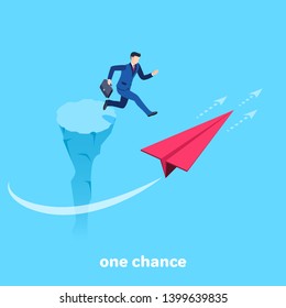 Isometric vector image on a blue background, a man in a business suit jumping from a cliff on a flying red paper plane, catching his chance and risking