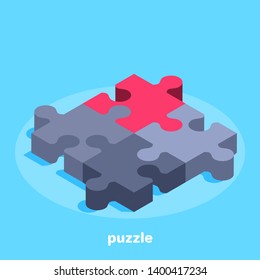 isometric vector image on a blue background, four pieces puzzle, one of which is red, business concept icon