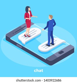 Isometric vector image on a blue background, on the smartphone are a man and a woman in business suits and chatting, conversation and correspondence in chat