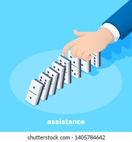 isometric vector image on a blue background, a man in a business suit holds a domino chips lined up in a row with his finger, support and revenue in work