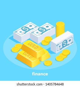 isometric vector image on a blue background, a set of money banknotes, gold and coins, business and finance