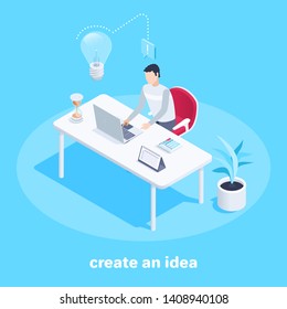 Isometric vector image on a blue background, a young man working in the office for a laptop, business room and workflow