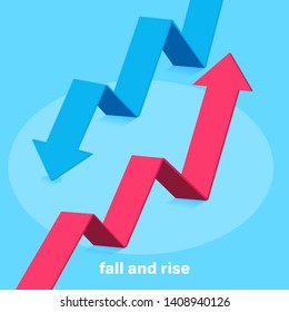 isometric vector image on a blue background, a red arrow going up and blue down, success or failure in business