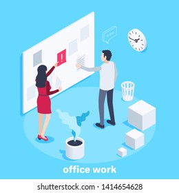 isometric vector image on a blue background, a man and a woman work in the office, a board with sheets of paper for working tasks