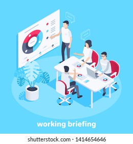 isometric vector image on a blue background, men and a woman in the office hold a briefing, a large office desk, a poster with diagrams and a flower in a pot