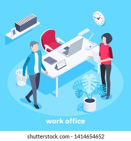isometric vector image on a blue background, a man and a woman in the office, a large office desk, a shelf with books and a flower in a pot