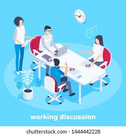 isometric vector image on a blue background, men and a woman in the office hold a briefing, a large office desk, a poster with diagrams and a flower in a pot