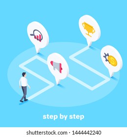 isometric vector image on a blue background, a man in business clothes is walking along a winding path with pointers, the path to success