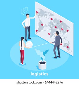 Isometric vector image on a blue background, young people working as a team next to a large world map, networking and logistics