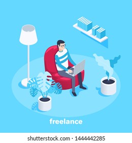 isometric vector image on a blue background, a man with glasses working on a laptop in a cozy home environment sitting on a crusty chair, a modern office or distant work, IT specialist freelancer