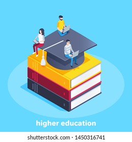 isometric vector image on a blue background, young people sitting with laptops on a stack of books and a bachelor's hat, higher education online