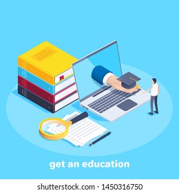 Isometric vector image on a blue background, a young guy is standing at the laptop next to a stack of books and a magnifying glass, getting an education online