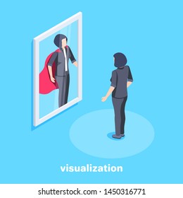 isometric vector image on a blue background, a woman in a business suit stands in front of a mirror in which she is reflected as a superman with a red cloak, the motivation for success in business