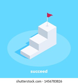 isometric vector image on a blue background, white chart with a flag, achieving business success.