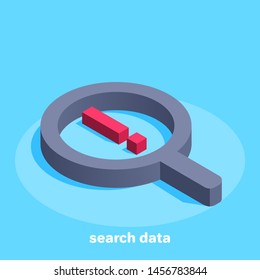 isometric vector image on a blue background, black magnifier and red exclamation mark, data search