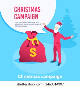 Isometric vector image on a blue background, a man in a business suit and Santa hat near a red bag with money not far from the Christmas tree, cash gifts and promotions for the new year