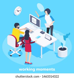 isometric vector image on a blue background, a man works in the office at the computer and next to him his colleagues discuss workflow, teamwork