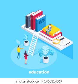 isometric vector image on a blue background, a shelf with books and people working at a laptop, library or university education