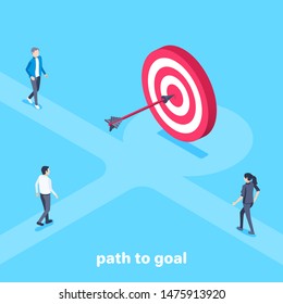 isometric vector image on a blue background, men and women each go their own way to the goal with an arrow, the road to business success