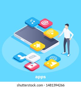 isometric vector image on a blue background, a man stands next to a smartphone and application icons